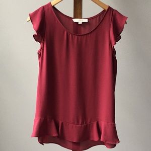 Ann Taylor Loft dark maroon ruffle dress shirt